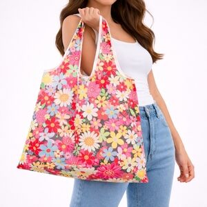 Large Multicolor Floral Foldable Tote Bag with Pouch